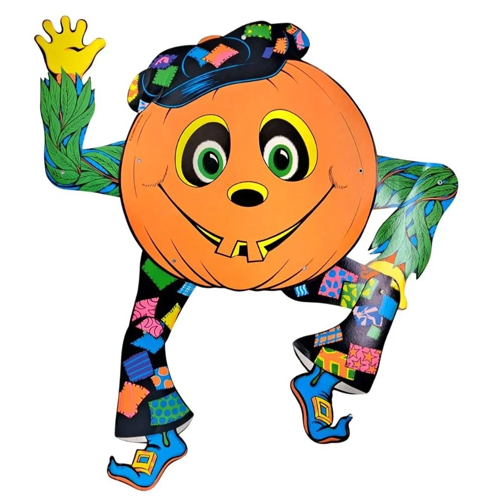 Vintage Beistle Pumpkin Halloween Decoration Hippie Jointed Diecut Glowing 1976